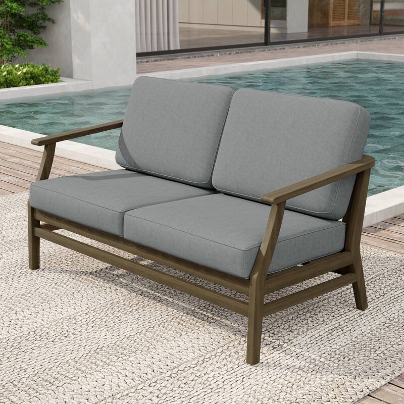Patio Teak Wood Outdoor Loveseat Sofa with Cushions - Natural Wood - Grey