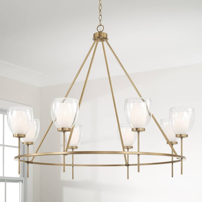 46" W x 37" H 8-Light Ring Chandelier in Aged Brass with Layered White and Clear Glass - 45.5"W x 37"H