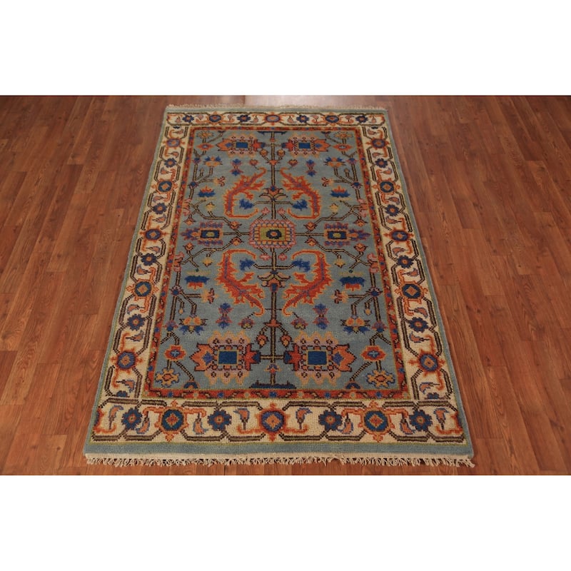 Floral Blue Oushak Oriental Rug Handmade Wool Carpet - 3'10"x 6'0"