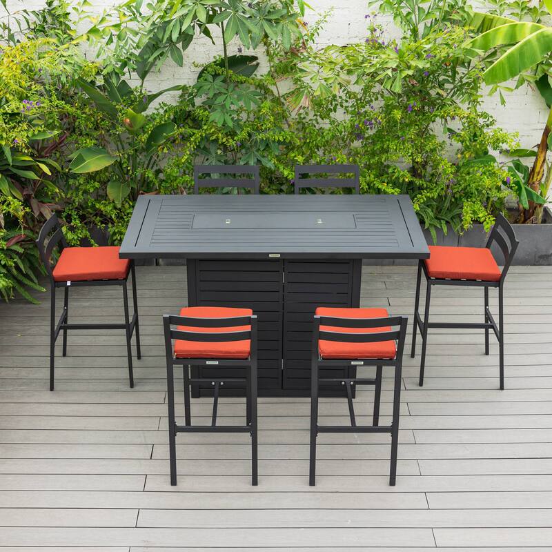 7-Piece Outdoor Patio Bar Height Dining Set in Aluminum with Rectangular Fire Pit Table and 6 Barstool