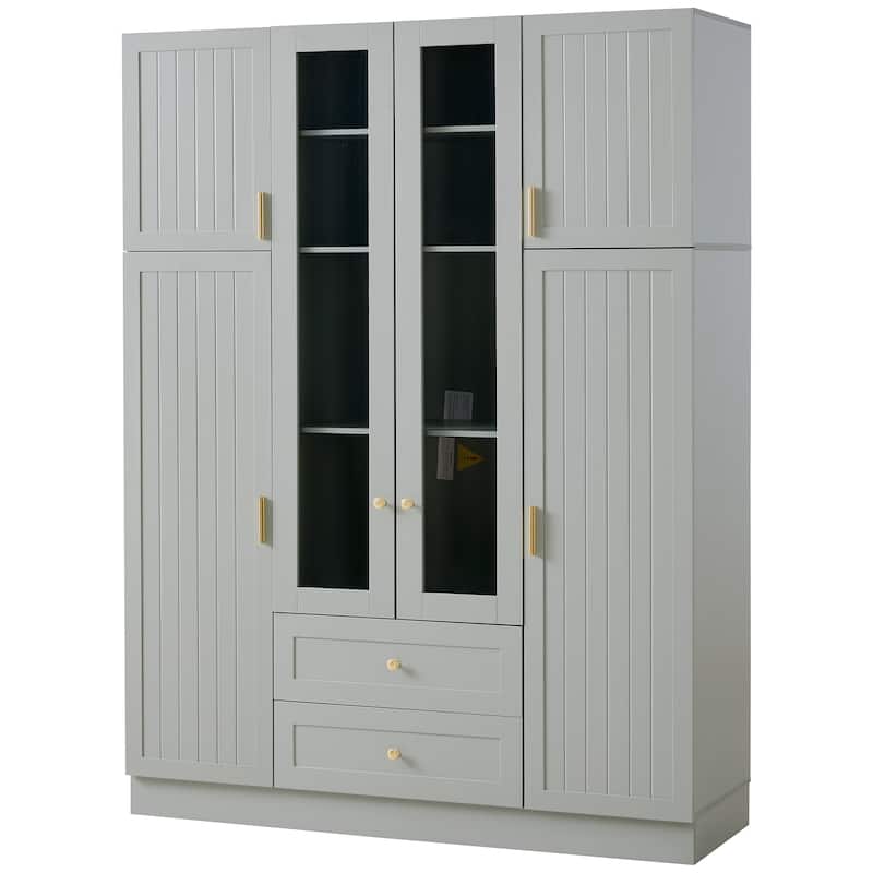 53" Modern Kitchen Pantry Cabinet with 6 Doors, Pull-Out Trays & Wine Rack