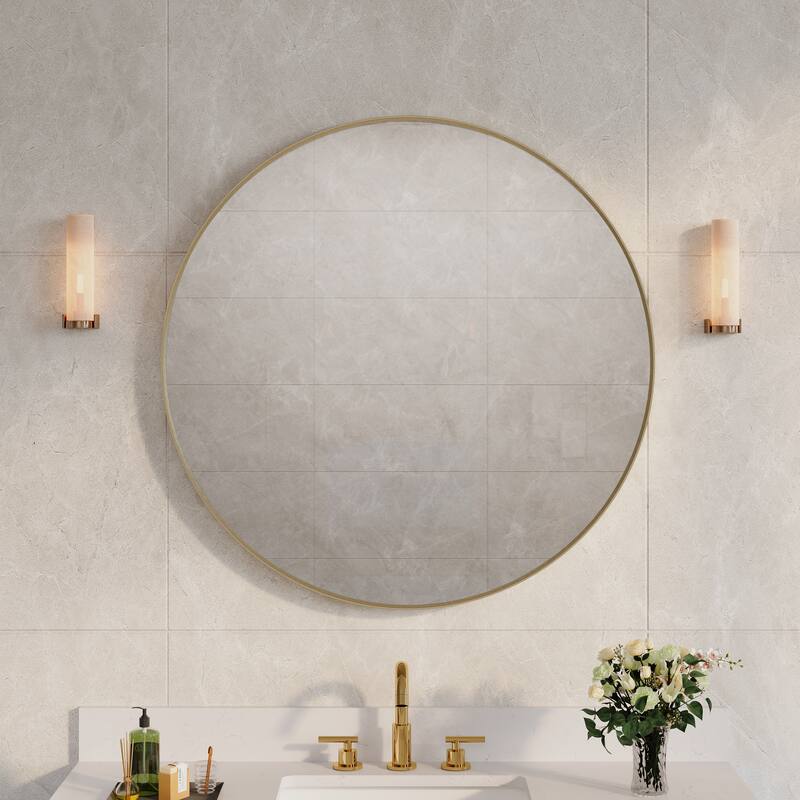 Modern Bathroom Wall Mounted Anodized Aluminum Framed Wall Vanity Mirror - 36 in.Wx 36 in.H-Round - Brushed Gold