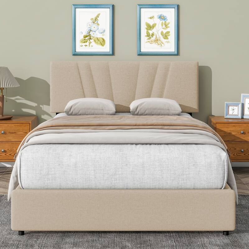 Beige Full Upholstered Platform Bed with Hydraulic Lift Storage and Tufted Headboard - Ideal for All Ages - Light beige