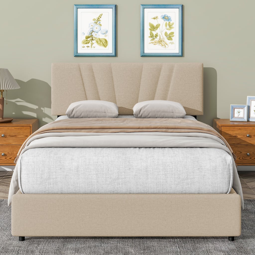Beige Full Upholstered Platform Bed with Hydraulic Lift Storage and Tufted Headboard - Ideal for All Ages