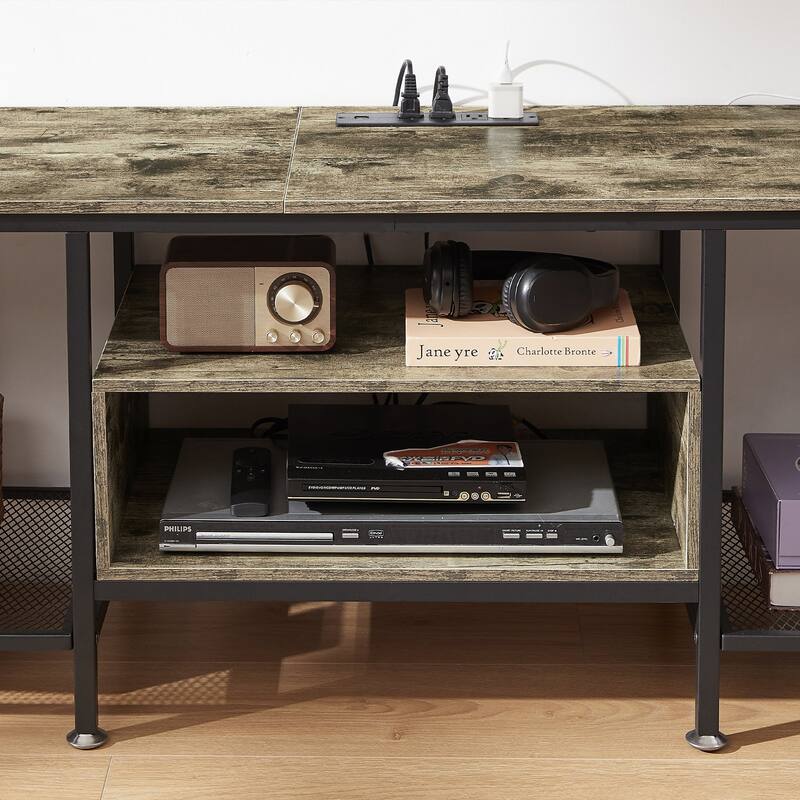 VECELO Wood TV Stand with Charging Station,Storage Shelves Entertainment Center TV Cabinet