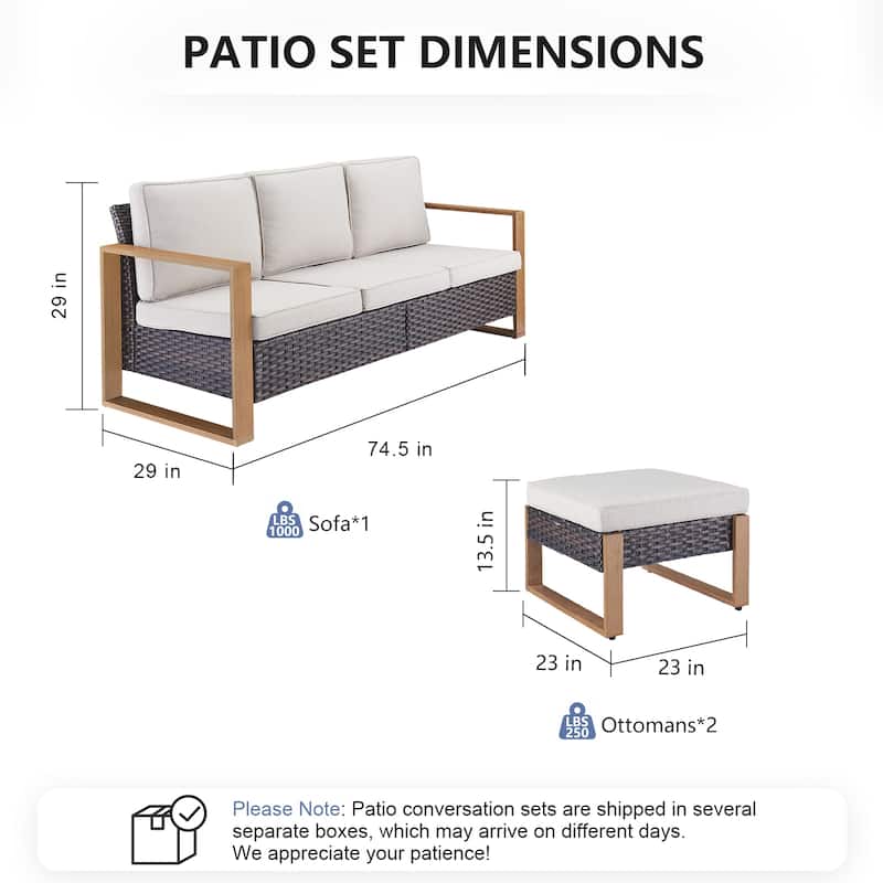 Pocassy 3 Pieces Outoor Patio Sofa Chair Ottoman Set