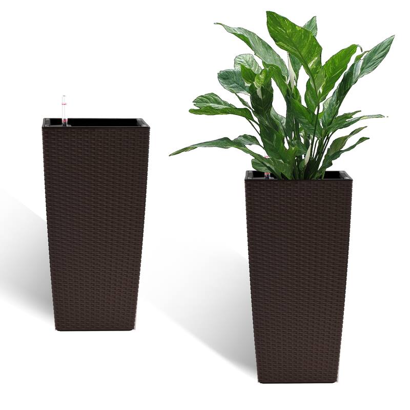 Automatic Watering Planter with Dual-Basin and Imitation Rattan Finish - Brown