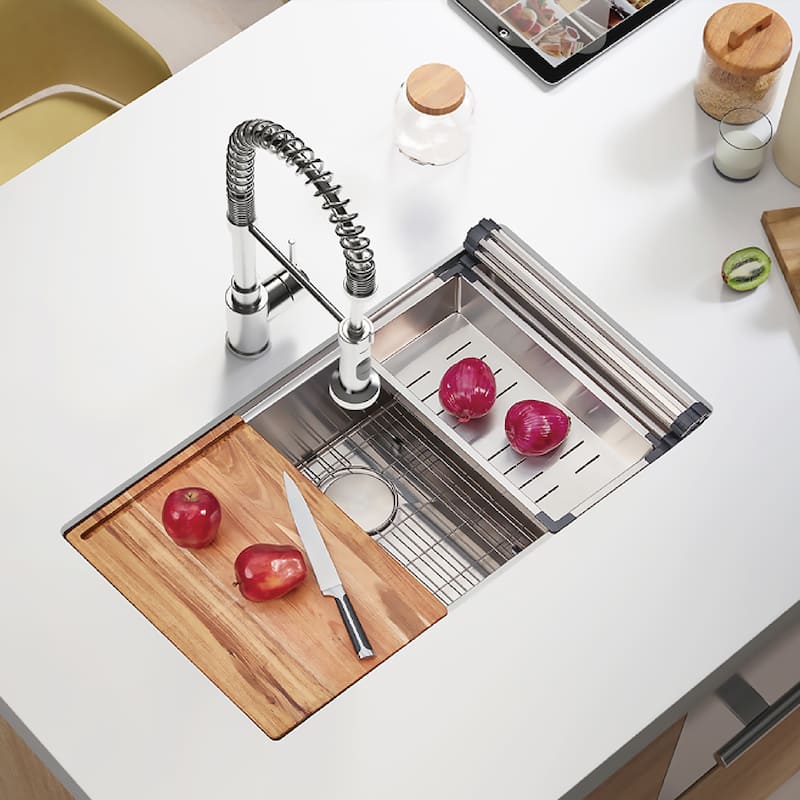 Undermount Handmade Workstation 304 Stainless Steel Kitchen Sink with grid cutting board colander drying rack and Strainer