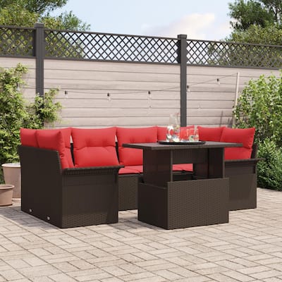 vidaXL 7 Garden Sofa Set with Cushions Black/Brown/Grey Poly Rattan - 92.1 x 52.2 x 27.2