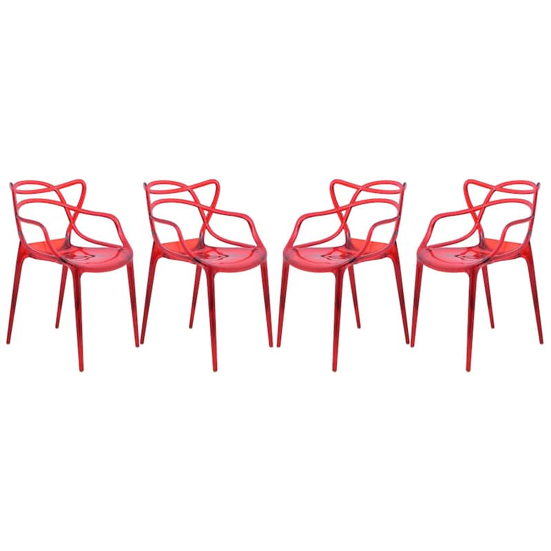 LeisureMod Milan Modern Intertwined Design Dining Side Chair Set of 4 - Transparent Red