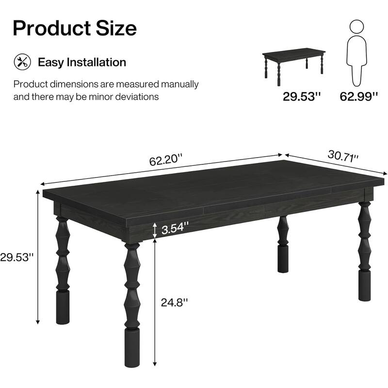 Rectangular Farmhouse Dining Table 62 Inch Black Wood MDF Top with Carved Legs Seats 4 to 6 People - 62.20" x 30.71" x 29.53"