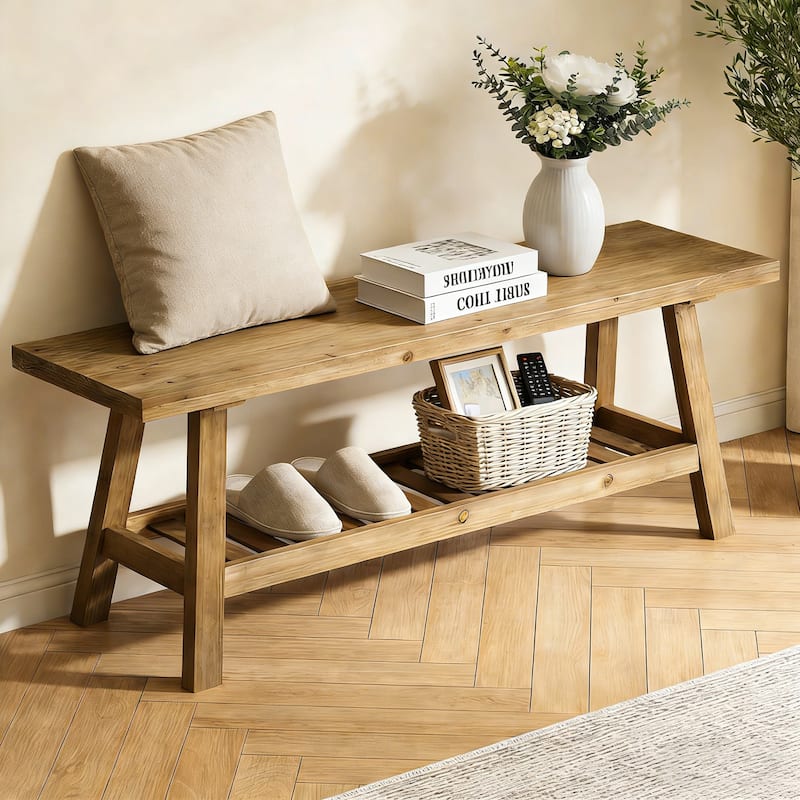 43" Farmhouse Wood Bench, 2-Tier Entryway Bench, Narrow Rustic Storage Bench with Open Storage Shelf for Entryway, Hallway - Gray