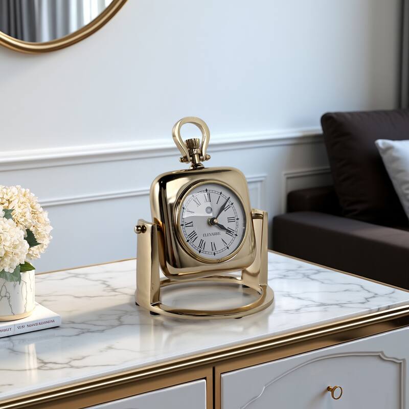 Metal Glass Desk Clock with Roman Numerals and Curved Frame Design - 7" x 7" x 9" - Brown