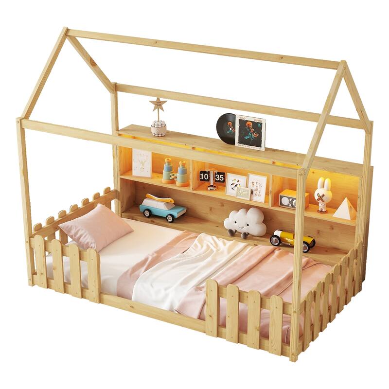 Twin Size House Bed with LED Light, Wood House Bed with Storage Bookshelf, Floor House Bed with Guardrails for Kid