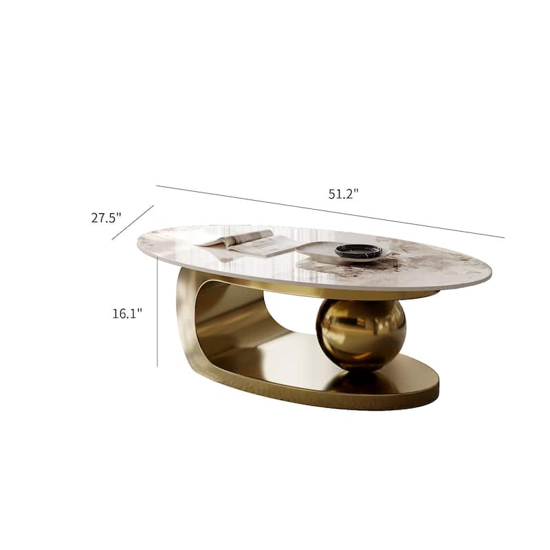 51" Modern Pandora Oval Coffee Table with Glossy Sintered stone top, Luxury Coffee Table, Stainless Steel Legs for Livingroom