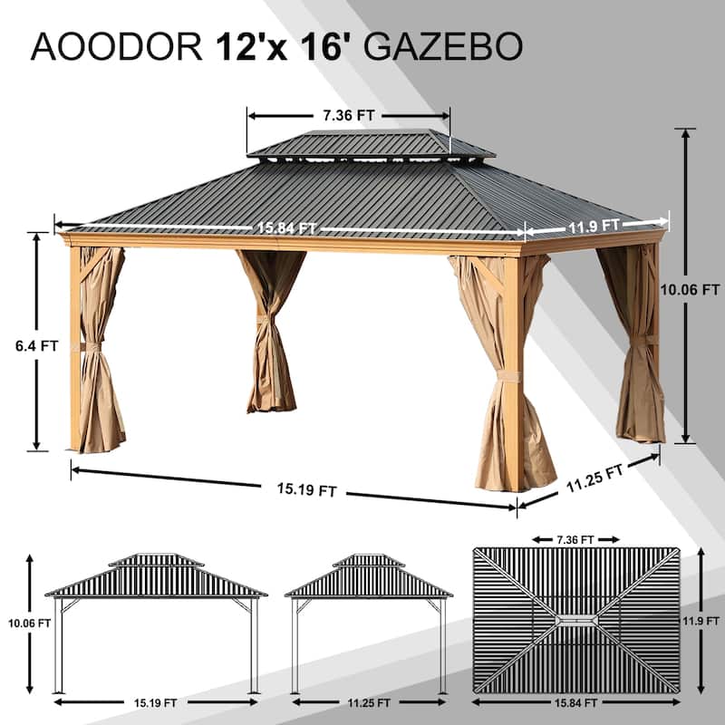 Aoodor 16 Ft. W X 12 Ft. D Aluminium Patio Gazebo - Black