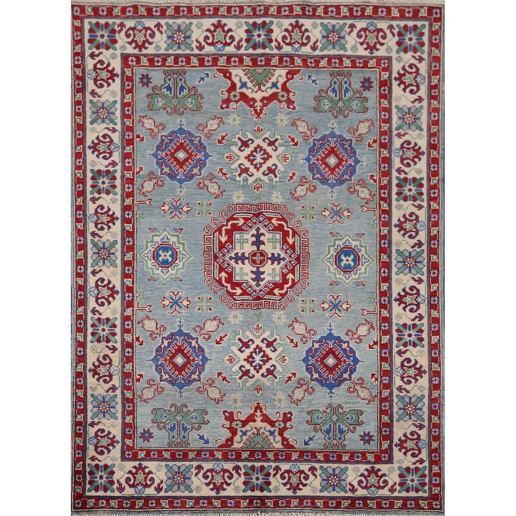 Blue Geometric Kazak Oriental Area Rug Hand-Knotted Wool Carpet - 5'0" x 6'6"