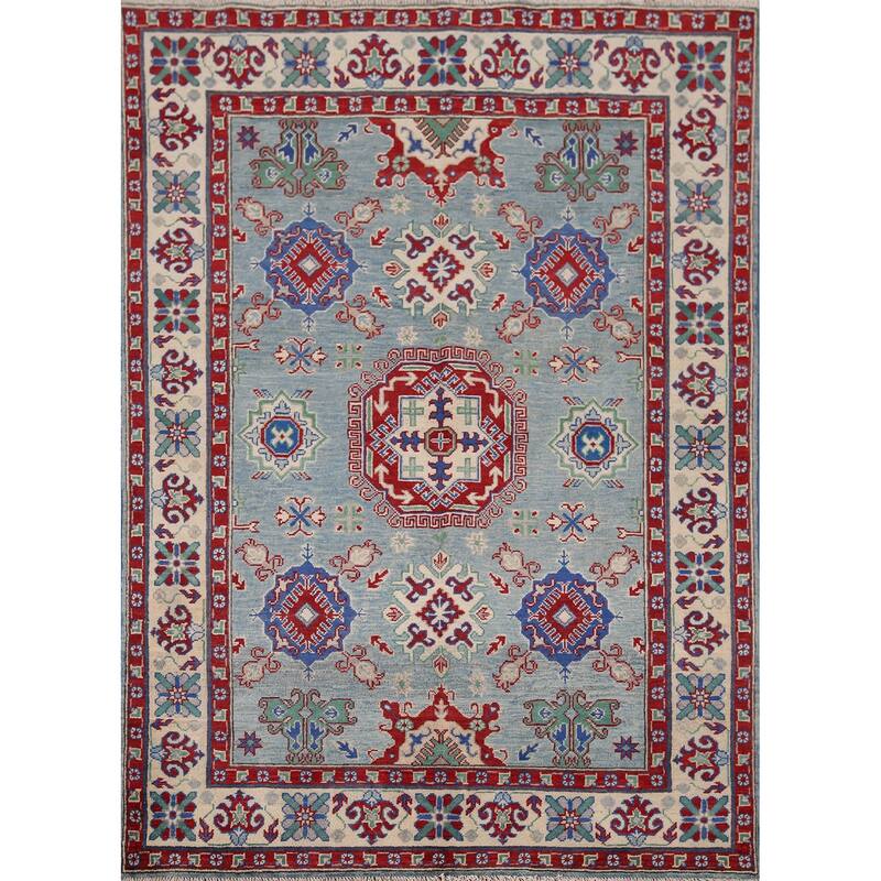 Blue Geometric Kazak Oriental Area Rug Hand-Knotted Wool Carpet - 5'0" x 6'6"