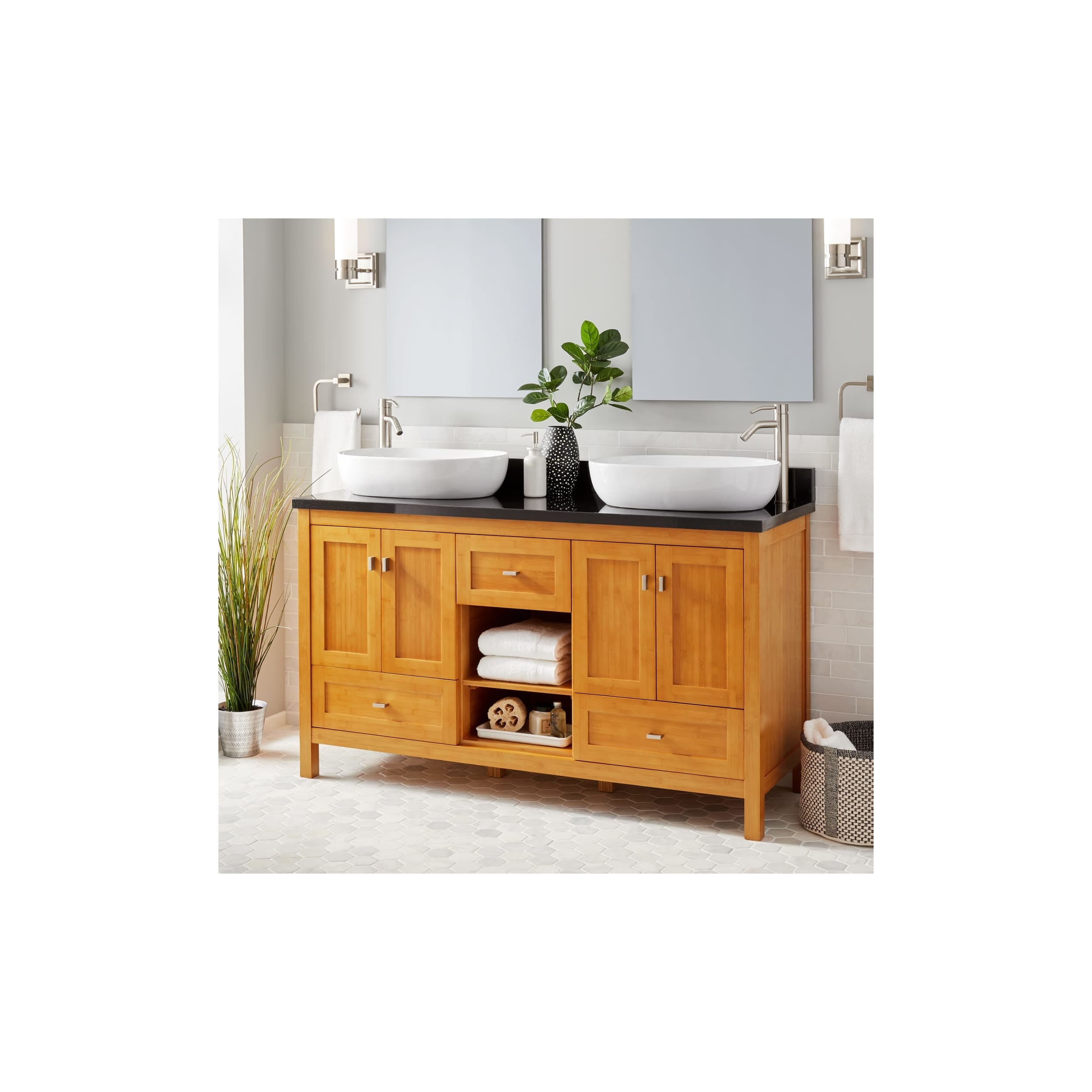 Signature Hardware 941088 Alcott 60 Double Vanity Set With Bamboo Cabinet And Stone Vanity Top Overstock 25734667