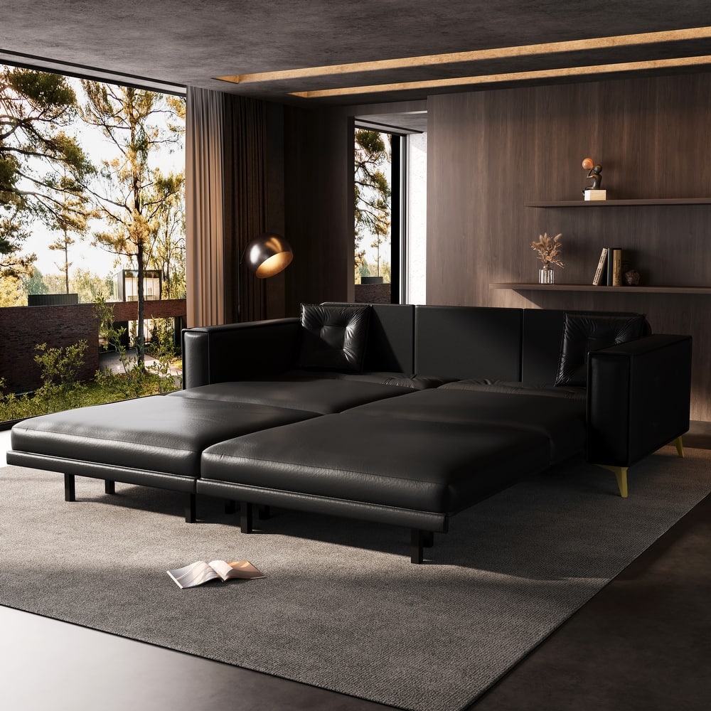 Oversized 3-in-1 Convertible Sofa Bed, 92.1" Faux Leather Square Arms Loveseat, Modern Pull-Out Sleeper Couch with Pillows