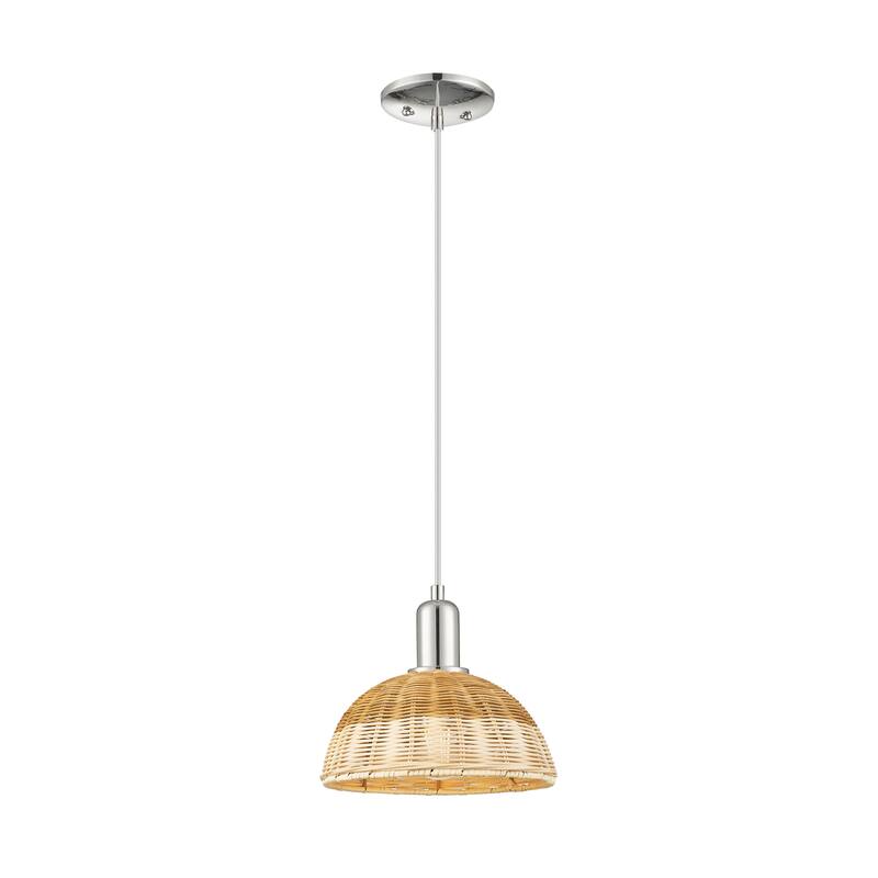 Innovations Lighting Downtown Urban - Natural Ballston Dome - 1 Light 9" Cord Hung Mini Pendant with Basketweave Shade - Polished Nickel