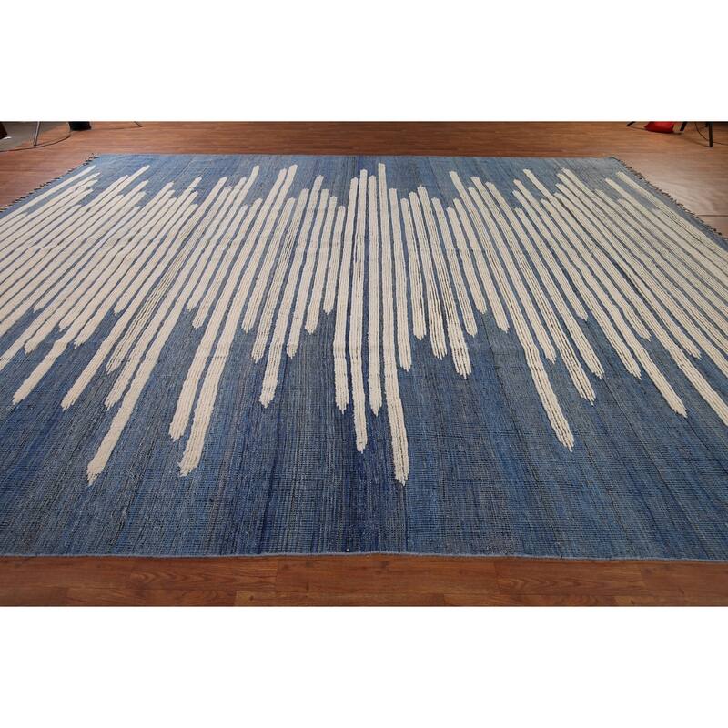 Striped Moroccan Modern Large Area Rug Hand-Knotted Wool Carpet - 11'9"x 15'8"