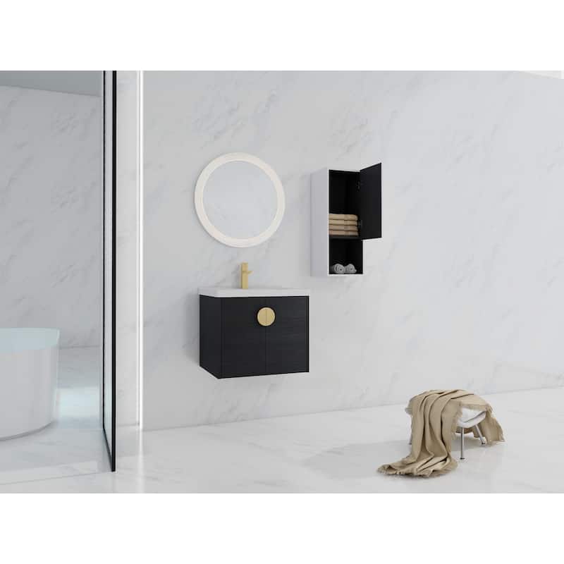 24" Wall-Mounted Bathroom Vanity With Ceramic Sink and Side Cabinet, Soft Close Doors, Combination Cabinet