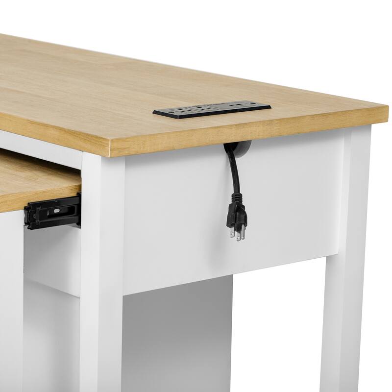 47 inch Kitchen Island with Extendable Dining Table, Rubber Wood Veneer Kitchen Table with Internal Storage Rack, Power Outlet