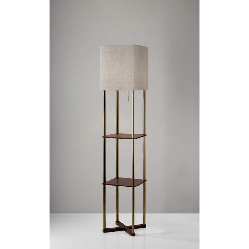 Brass Metal Column Floor Lamp with Gray Fabric Shade and USB Port 62 Inch - 12.5” x 12.5” x 62.25” (D x W x H)
