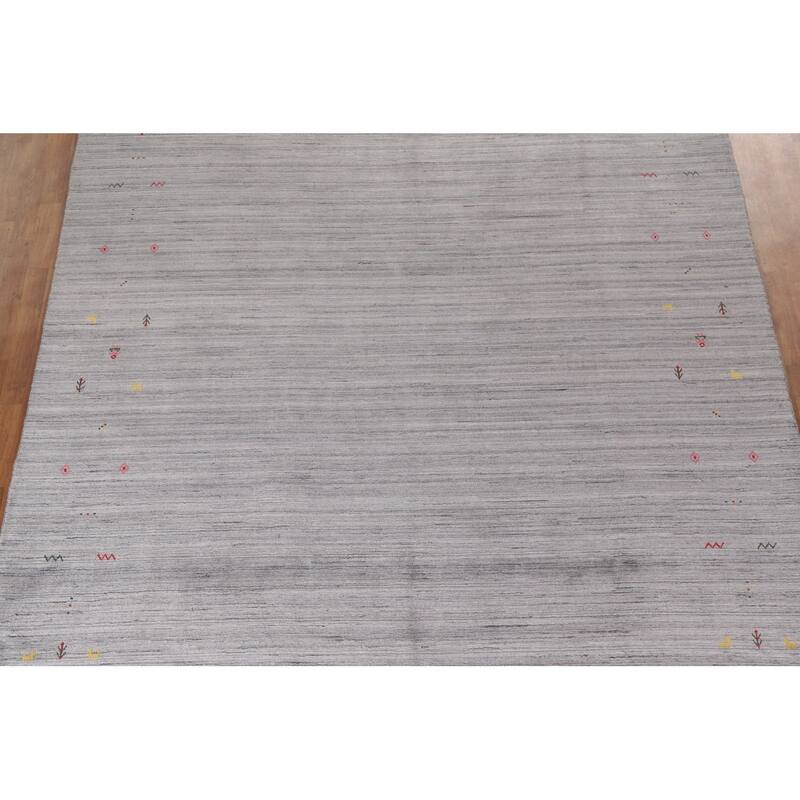 Striped Gabbeh Indian Area Rug Hand-Knotted Grey Wool Carpet - 9'0"x 11'8"