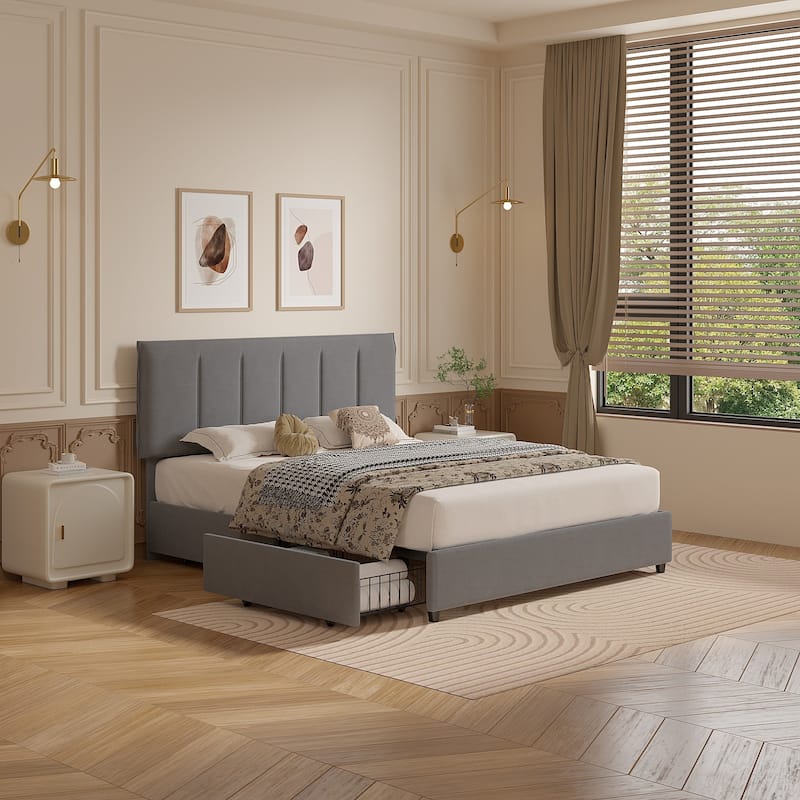 VECELO Bed Frame with 4 Storage Drawers, Upholstered Platform Bed Frame with Adjustable Headboard