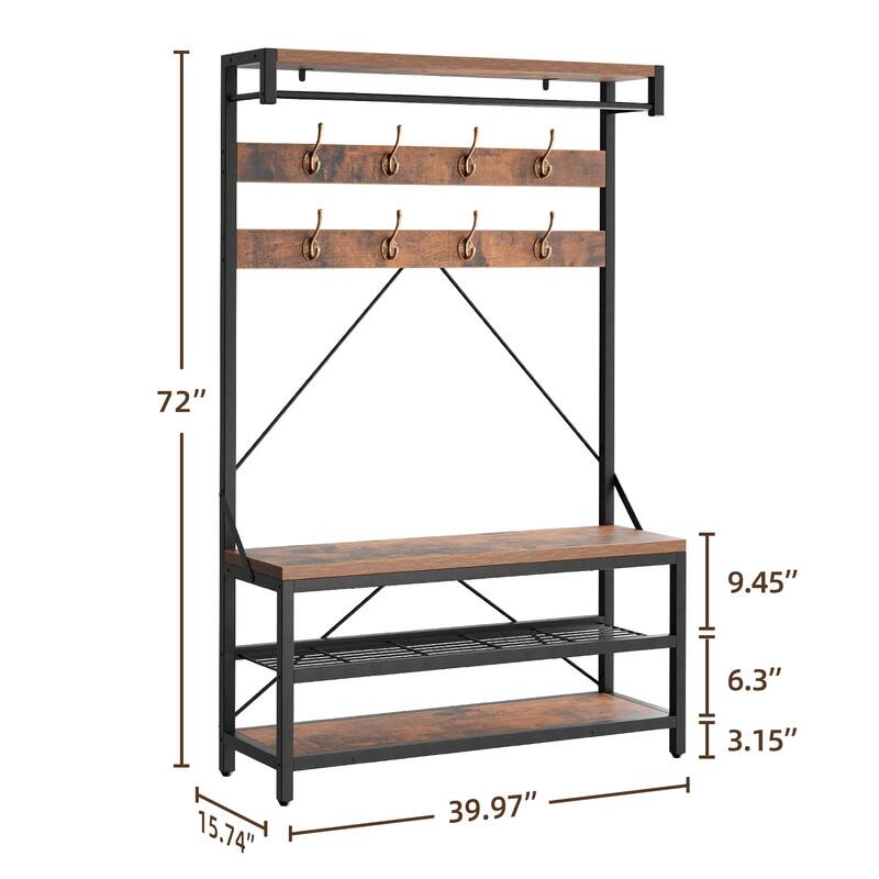 Industrial Brown Entryway Coat Rack with Shoe Bench 3-in-1 Functional Hall Tree - 15.74"D x 39.97"W x 72"H