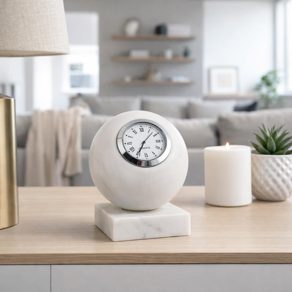 Table Clock - White/Silver Marble Round on Metal Base, 5 in. - 5.25"