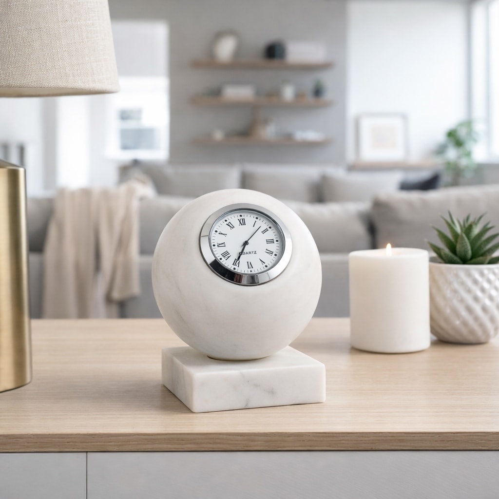 Table Clock - White/Silver Marble Round on Metal Base, 5 in. - 5.25"