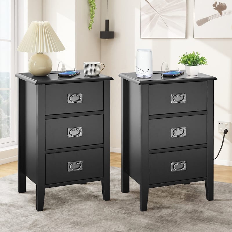 Javlergo Set of 2 Wooden Nightstand with Charging Station, Side End Table with USB Drawer and Open Storage Shelf