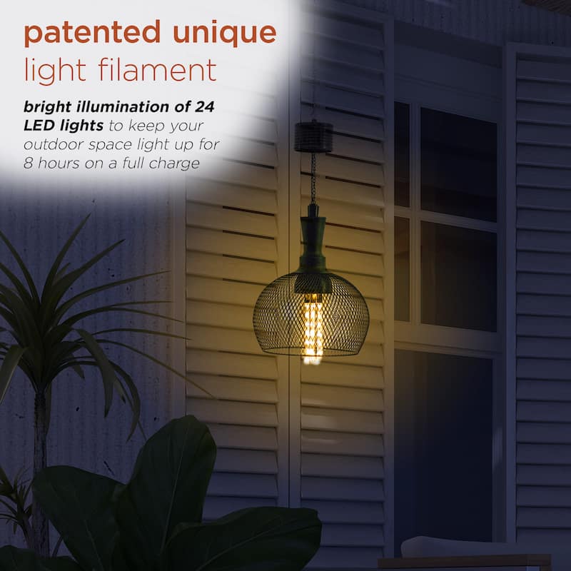 Alpine Corporation 10" Tall Hanging Solar Powered Outdoor Mesh Lantern with LED Lights, Black