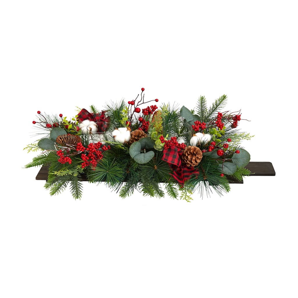 24” Artificial Berries and Pinecones with Bows Christmas Candelabrum