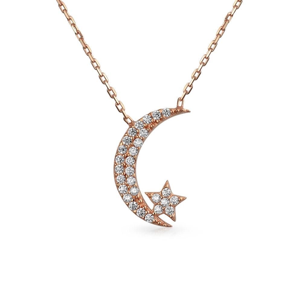 Crescent Moon Star Pendant Necklace Silver