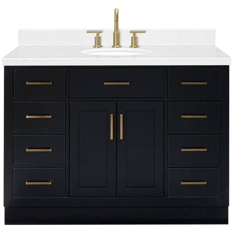 Ariel T048SCQOVO Hepburn 48" Free Standing Single Oval Basin Vanity - Black / Carrara White Quartz / Satin Brass
