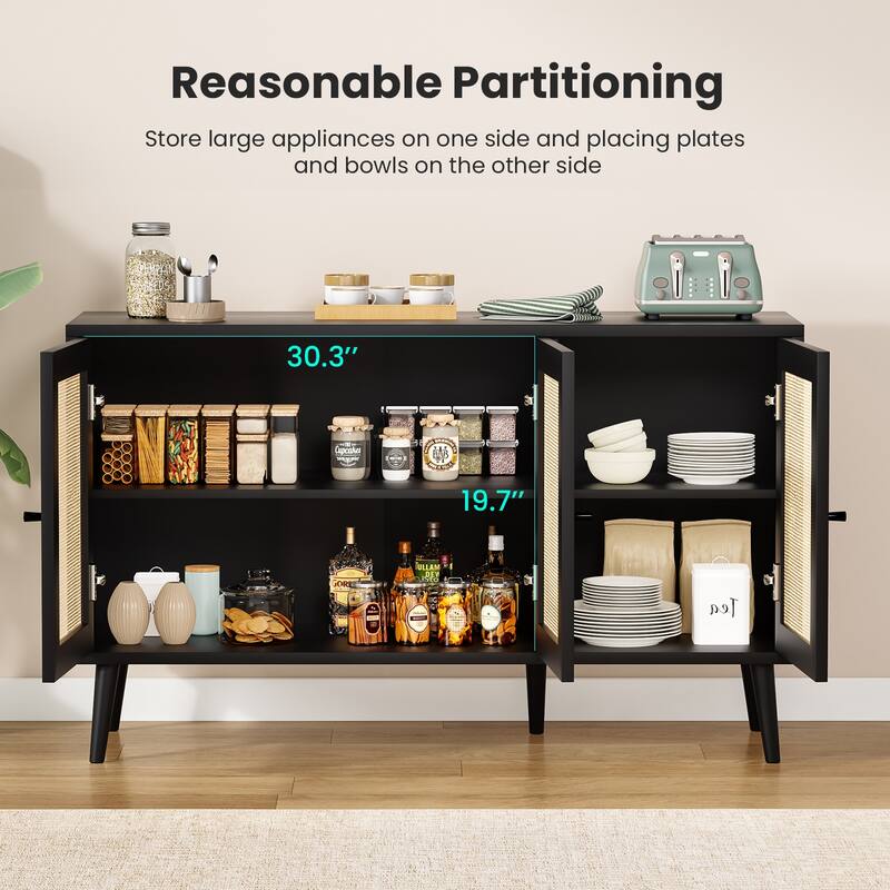 Anmytek Black 3-Door Rattan Buffet Sideboard Wooden Storage Cabinet for Living Dining Room