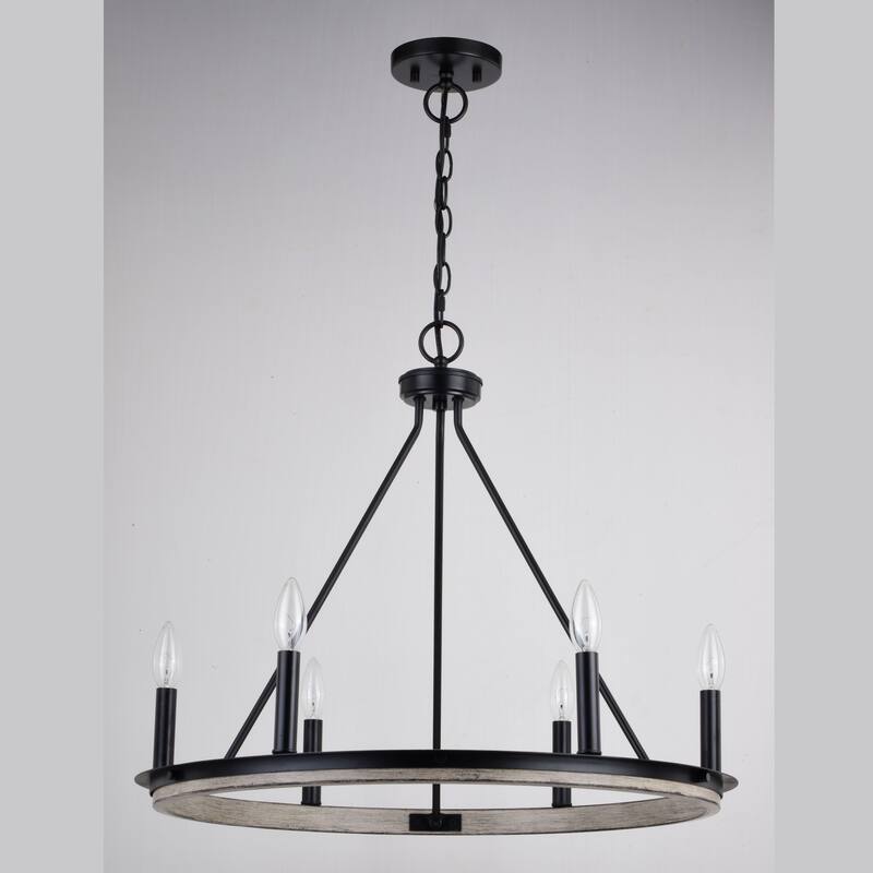 Russel 6 Light Matte Black and Weathered Gray Farmhouse Candle Wheel Chandelier - 24.75-in W x 21.5-in H x 24.75-in D