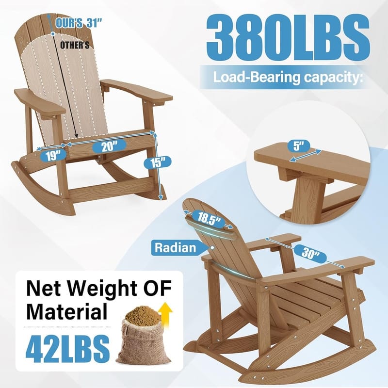 WINSOON HIPS All Weather Outdoor Indoor Oversized Rocking Chair,Adirondack Rocking Chair Set of 4