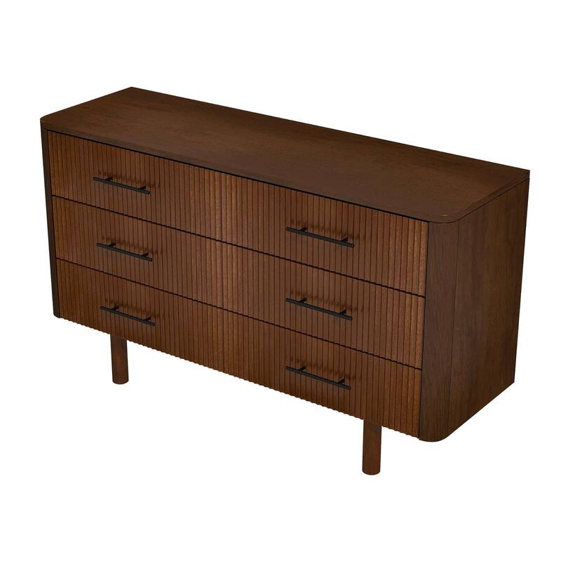 Dresser with 6 Drawer, Large Wooden Storage Cabinet, Curved Double Dresser with Metal Handle and Solid Wood Legs