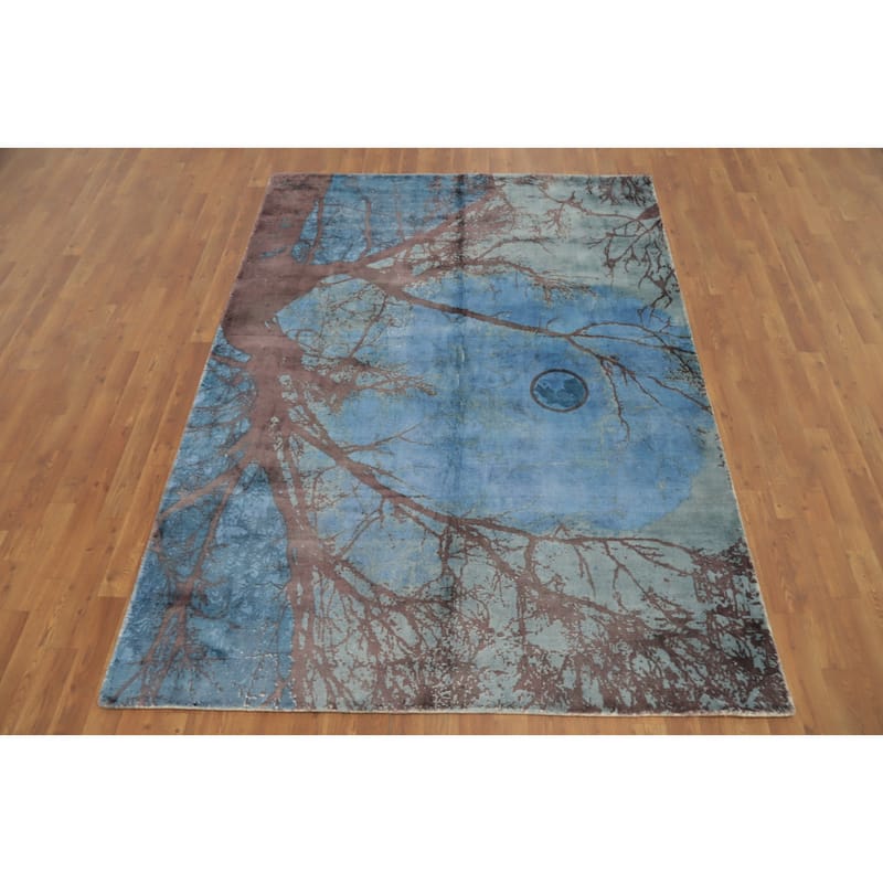 Hand Knotted Oriental Viscose Silk Carpet Modern Pictorial Navy Blue & Blues Abstract Area Rug - 7' 10'' X 5' 8''