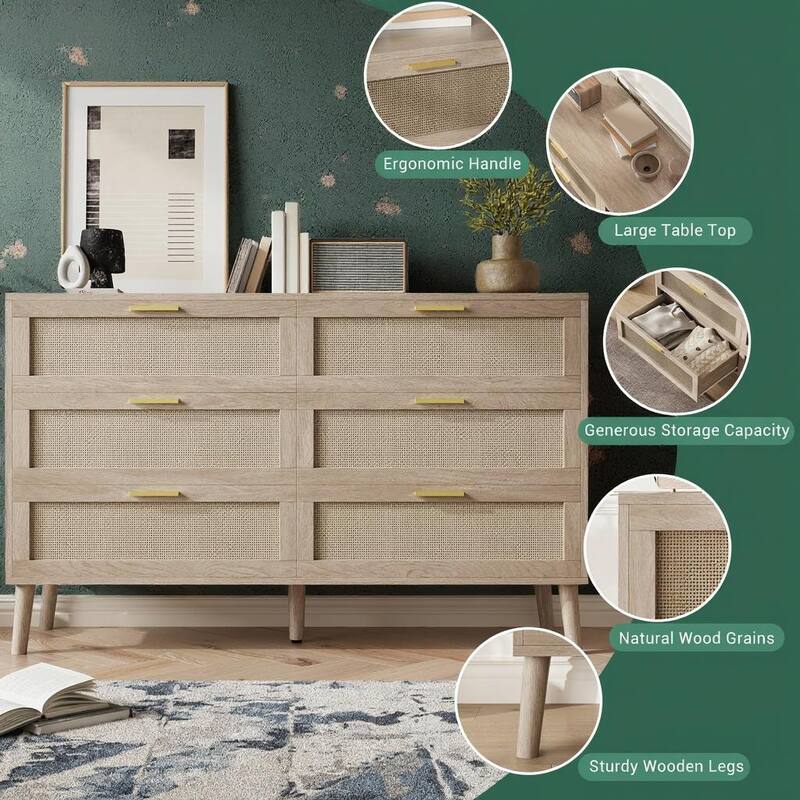 6 Drawer Rattan Dresser, with Handles