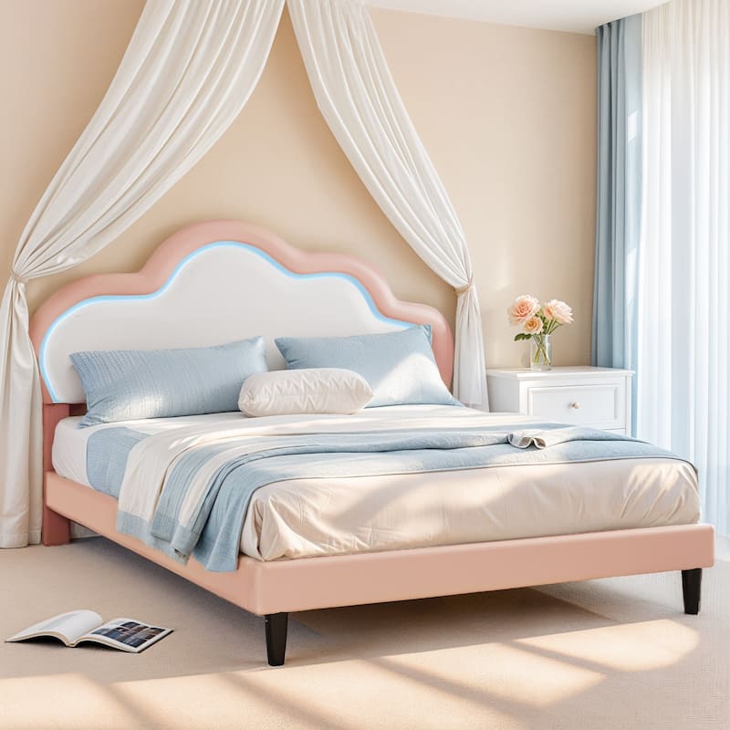 Moasis PU Adjustable Cloud Headboard Bed Frame Platform with LED