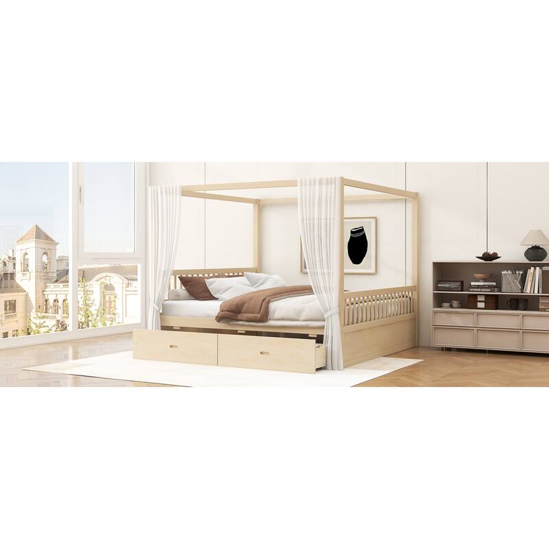 Roomfitters Queen/King Wooden Canopy Bed with 2 Storage Drawers, Solid Wood Frame, Walnut