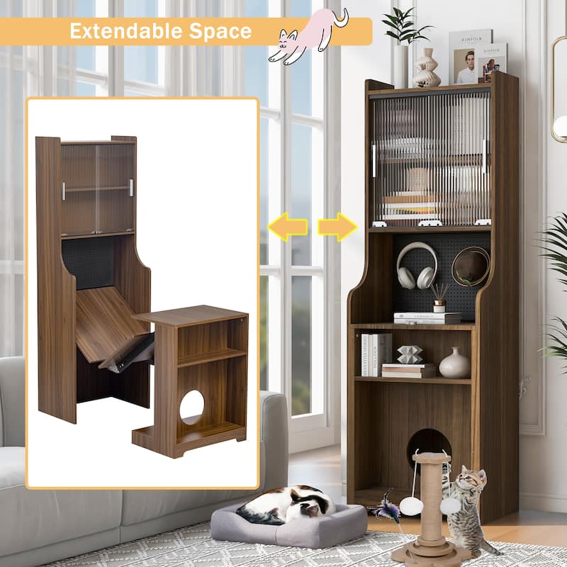 Foldable Wooden Desk with Hutch & Storage, Pet-Friendly Home Office Workstation with Shelves, Cat Bed & Scratching Post