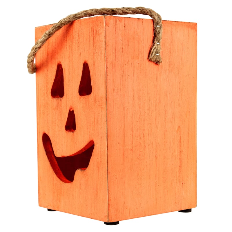 8" Large Orange Wood Jack O Lantern Halloween Candle Lantern