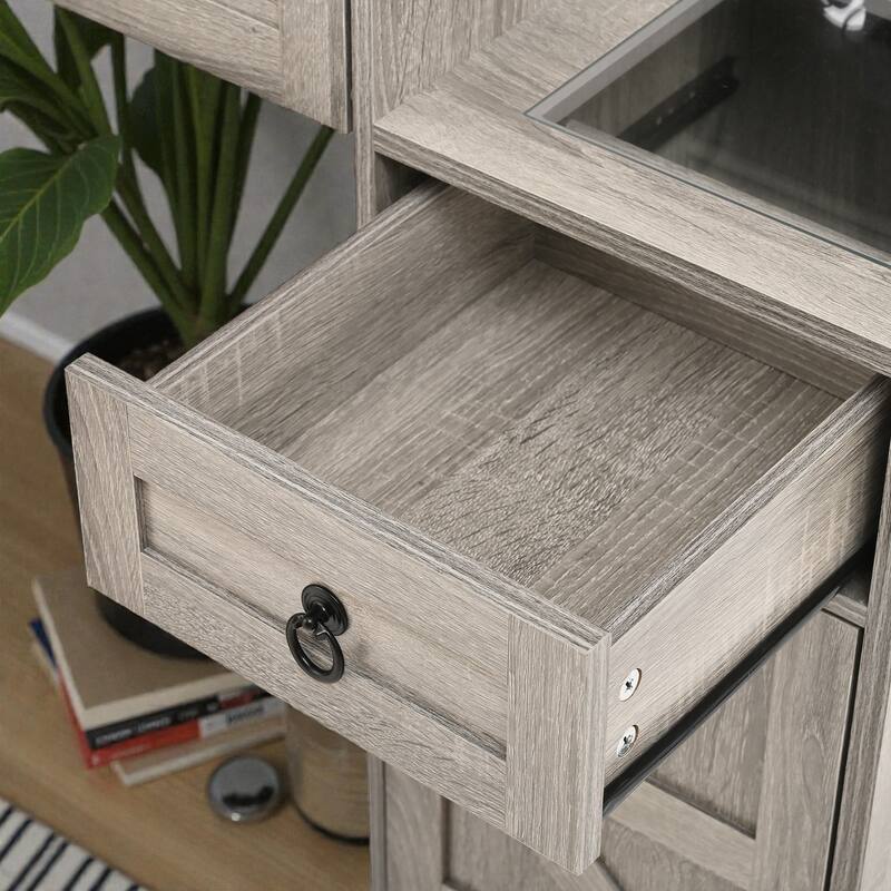 Farmhouse Vanity Desk with Sliding LED Mirror and Lights, Glass Top Vanity Set with Charging Station